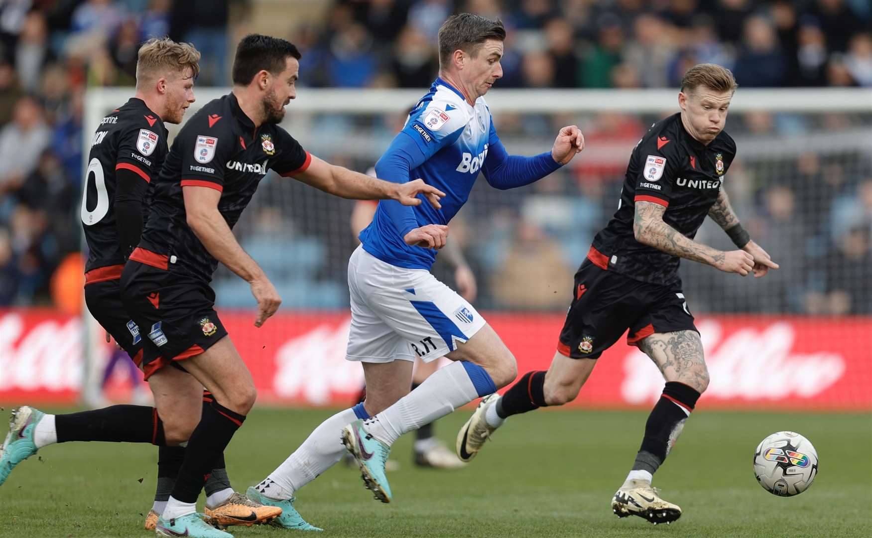 Oli Hawkins on the attack for Gillingham against Wrexham Picture: Beau Goodwin