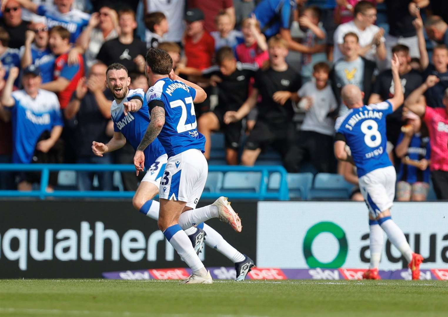 Gillingham celebrate their second goal against Morecambe Picture: @Julian_KPI