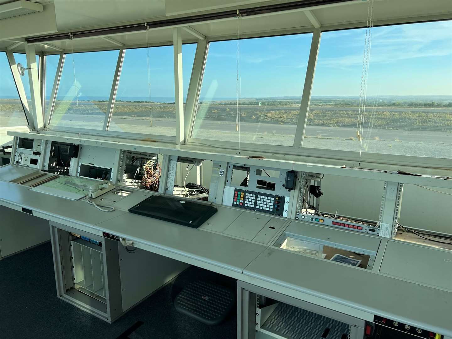 The abandoned desks in the control tower of Manston Airport