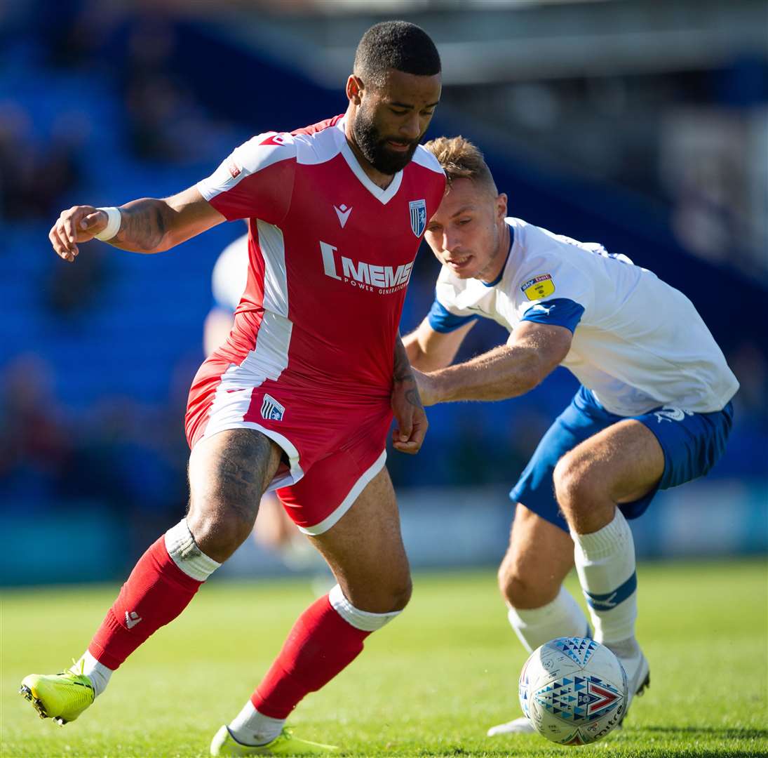 Alex Jakubiak tussles with George Ray at Tranmere on Saturday Picture: Ady Kerry