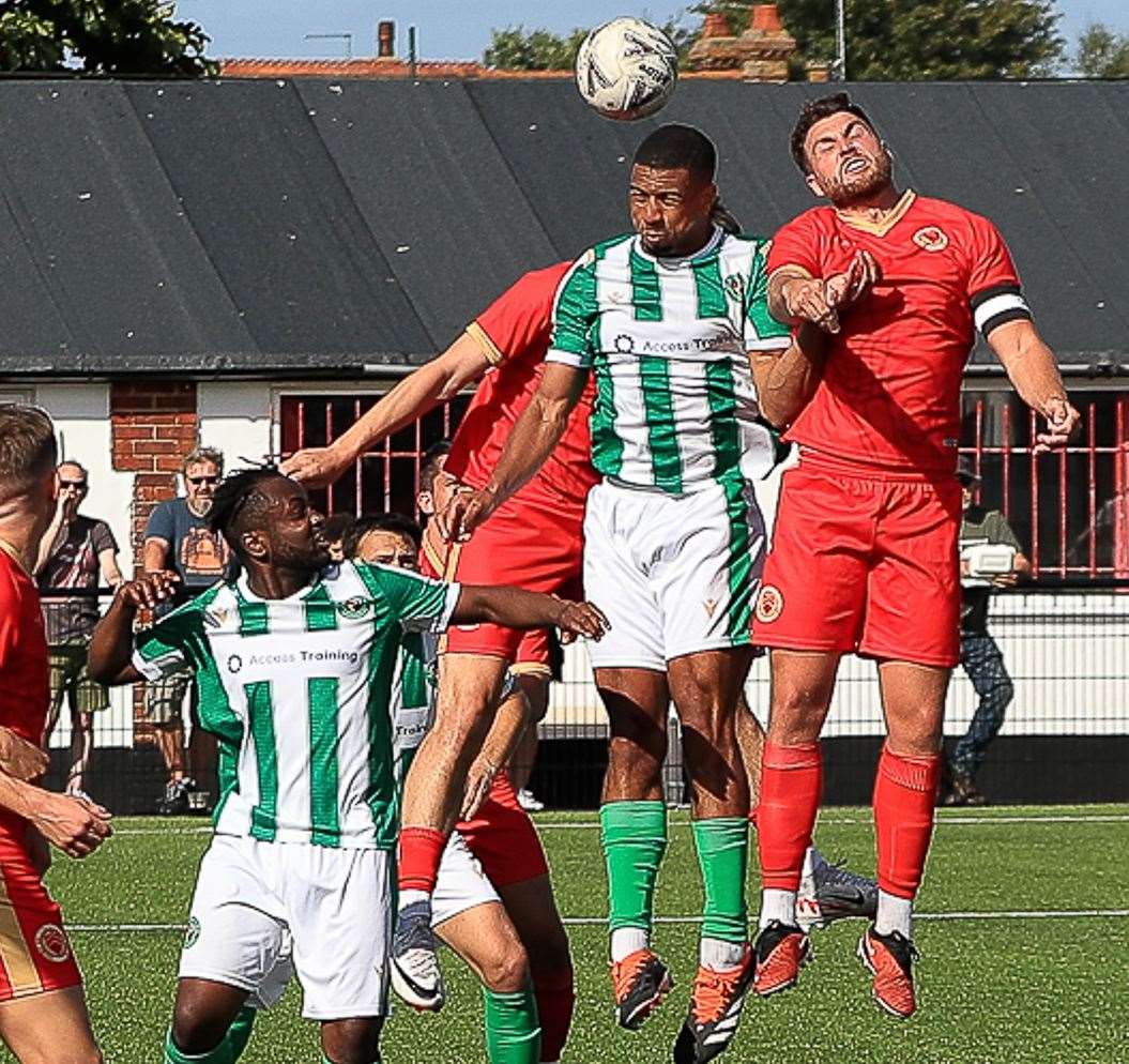 Goalmouth action as Whitstable Town are beaten by Rusthall. Picture: Les Biggs