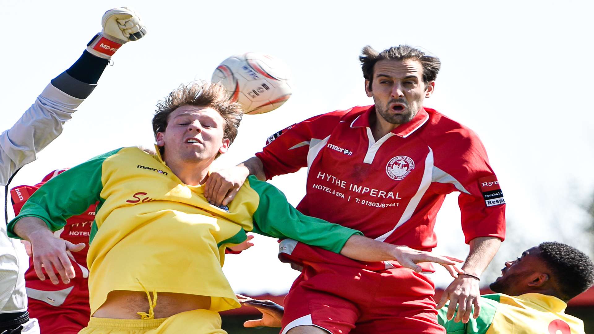 Hythe's Sam Conlon challenges against Walton & Hersham. Picture: Alan Langley