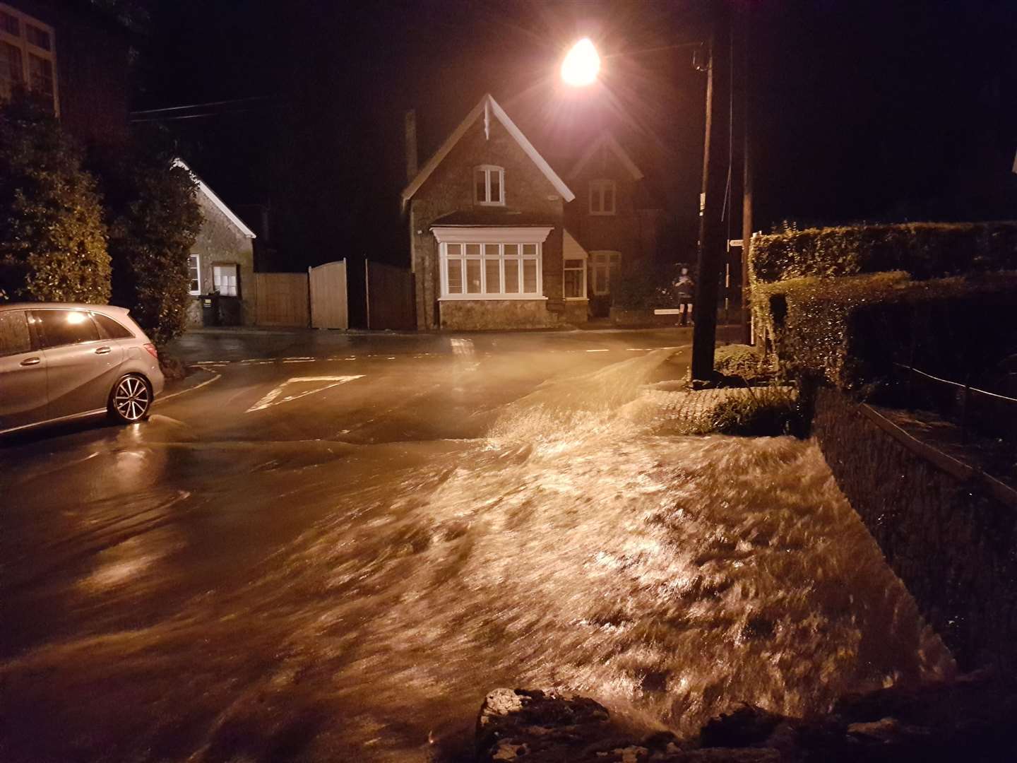 Bull Road in Birling was submerged by flood water on Tuesday night