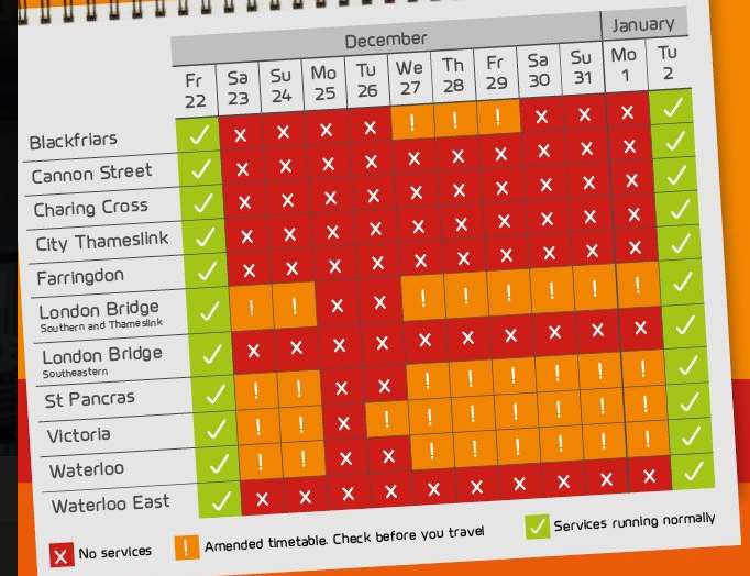 Christmas services that will be impacted by the Thameslink Programme works over the festive period. Picture: Southeastern