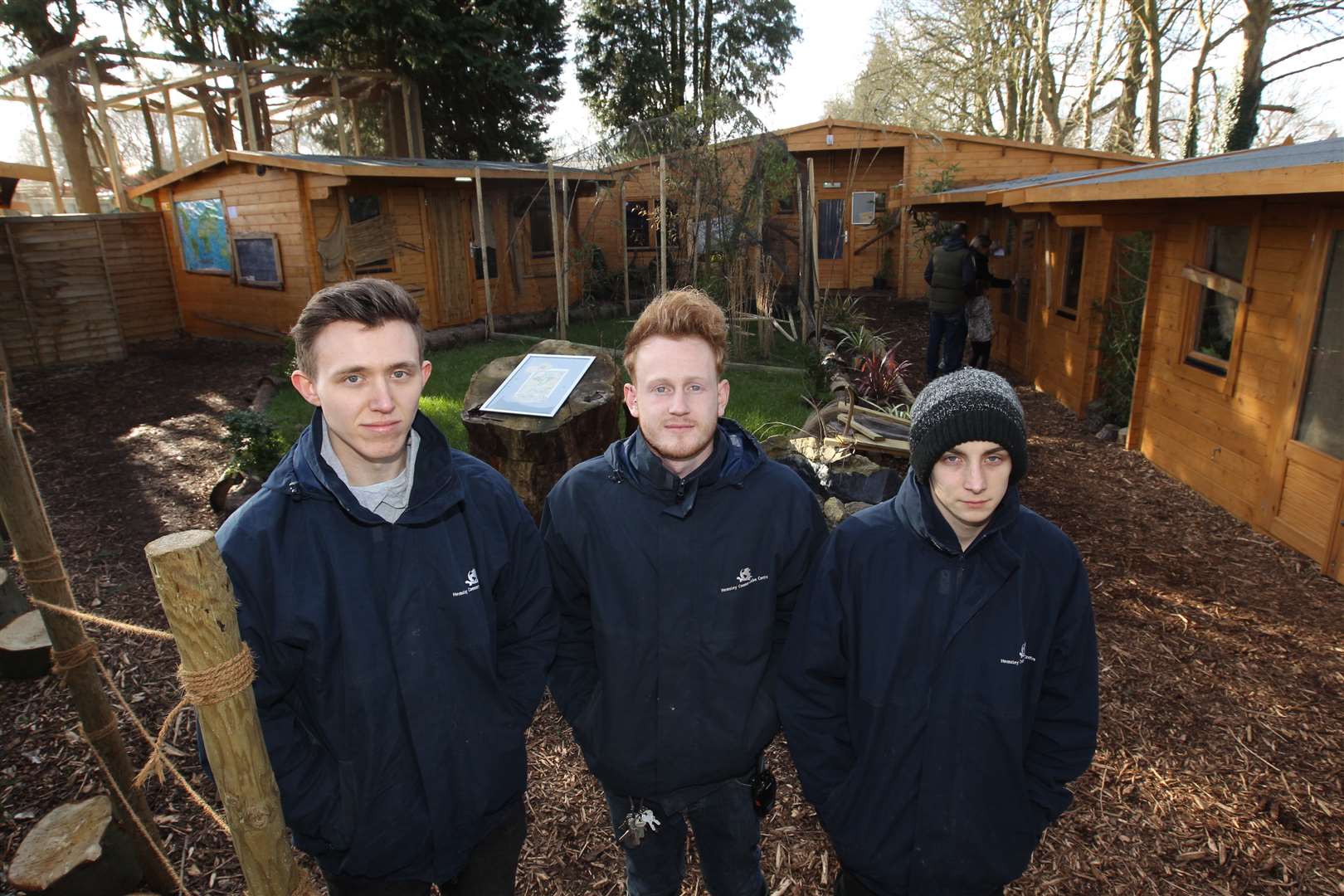 Adam Hemsley with personal assistant Henry Weedon (left) and leader of herpetology Ross Hickles (right).