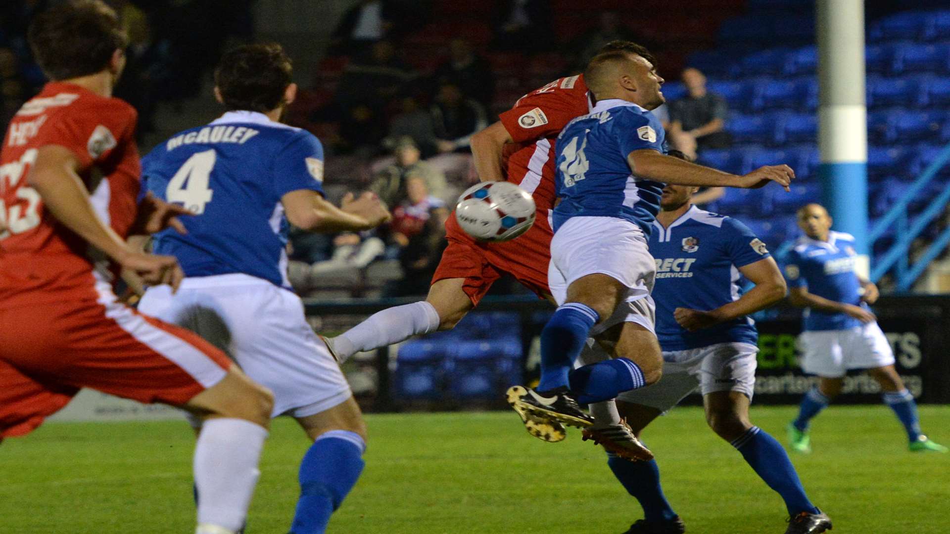 Harry Beautyman tries to meet Ben Jefford's cross - but the ball went in off Rory McAuley Picture: Keith Gillard