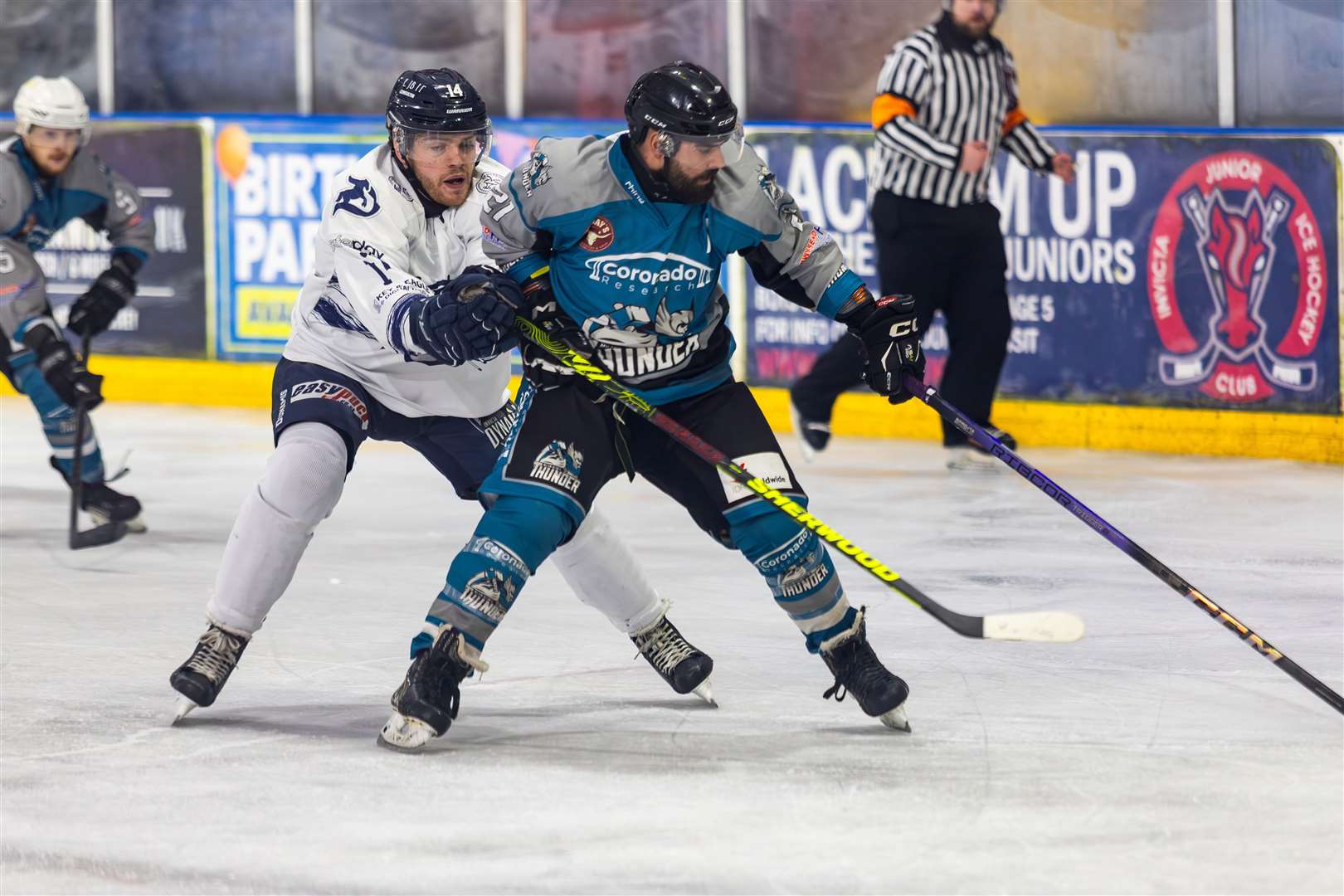 Samuel Oliver challenges for the puck in Invicta Dynamos’ win over Milton Keynes Thunder Picture: David Trevallion