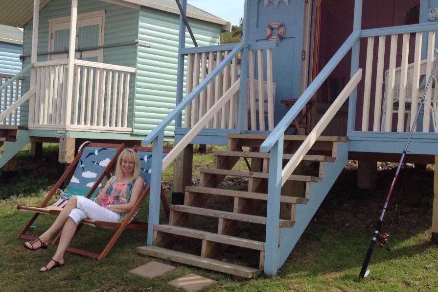 Helen Upward from Minster, Sheppey,outside her beach hut.