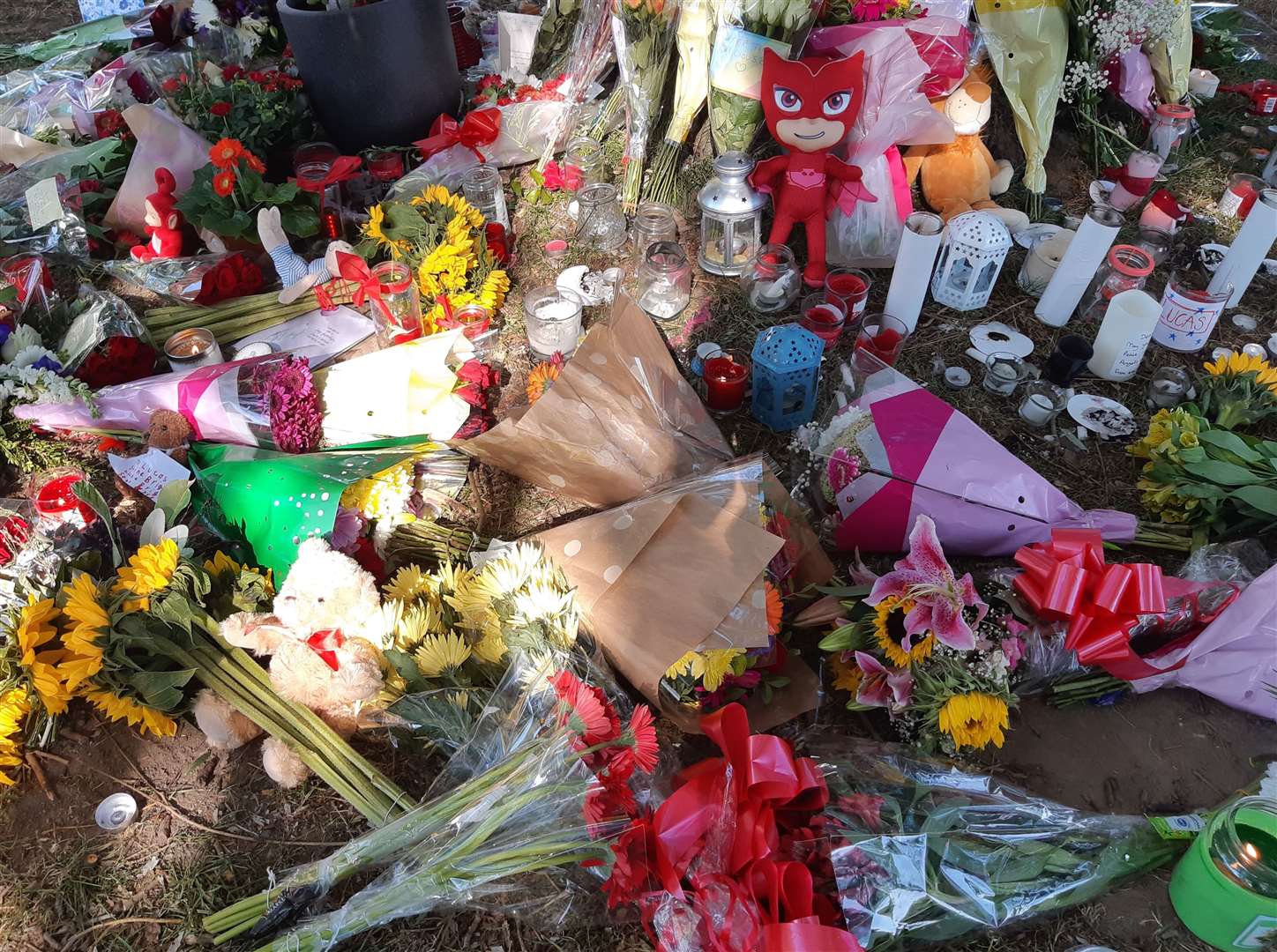 Flowers, cards and candles have been left beneath a tree in Sandwich