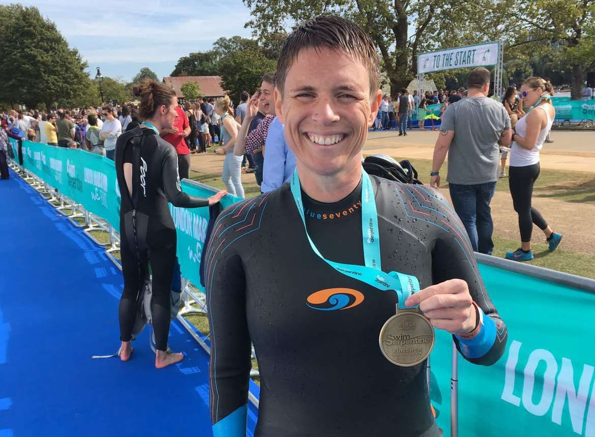 Victoria after completing another challenge - this time it was swim serpentine at Hyde Park