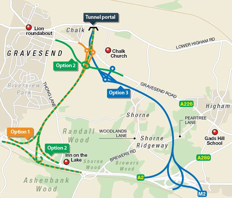 The Thames crossing route options for road networks in Kent.