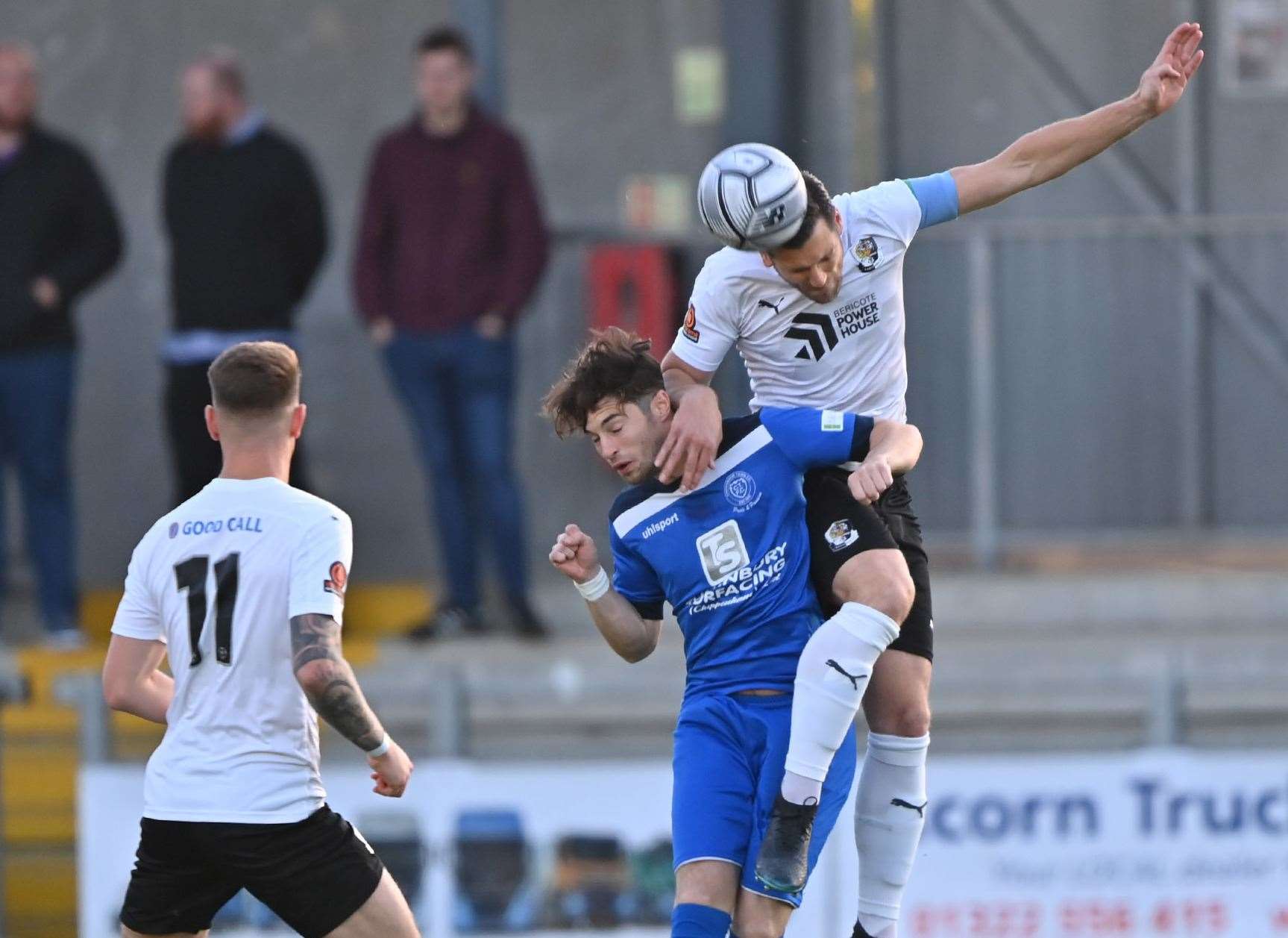 Tom Bonner wins his header for Dartford against Chippenham. Picture: Keith Gillard