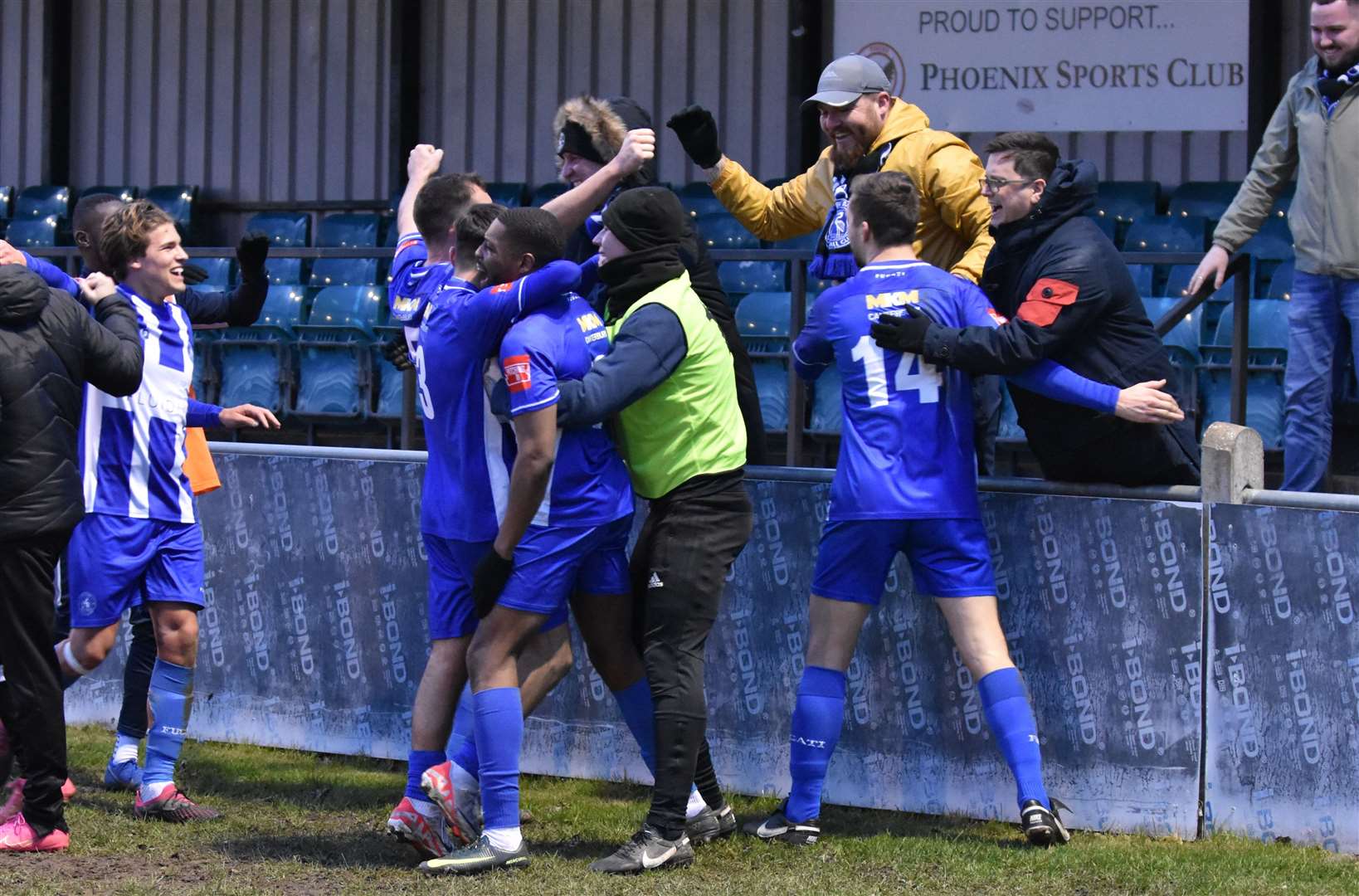 Top scorer Michael Salako, pictured celebrating scoring at Phoenix Sports in January, is set to stay for the 2024/25 campaign. Picture: Alan Coomes