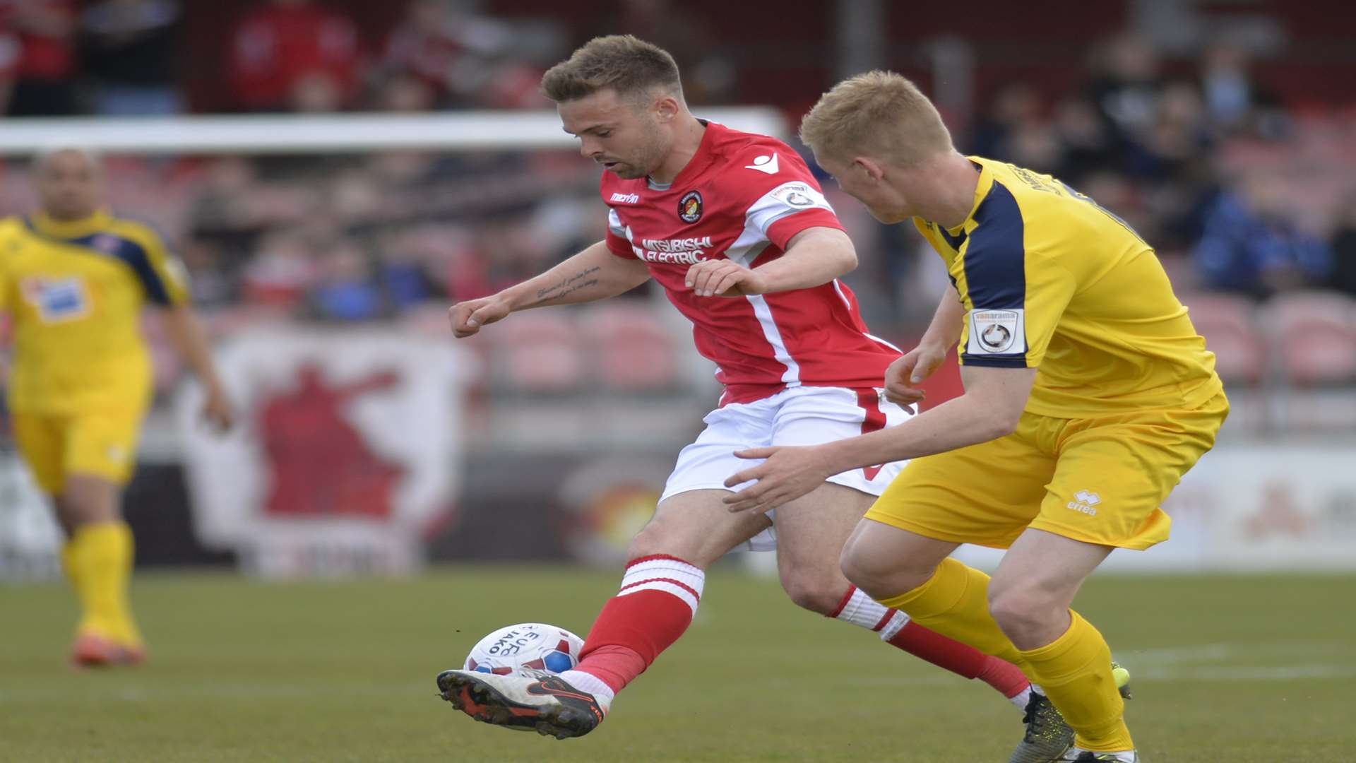 Matt Godden shields the ball during Ebbsfleet's 4-2 win against Eastbourne Picture: Ruth Cuerden