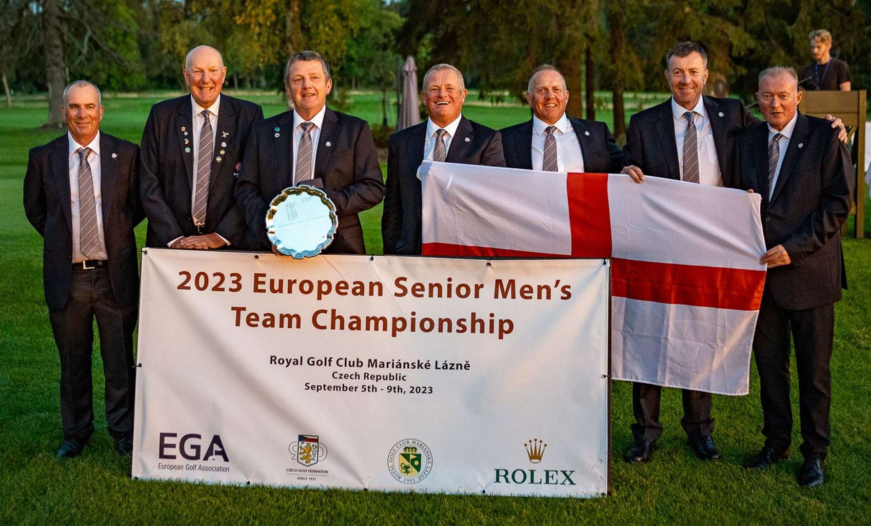 Redlibbets' Edward Richardson, seventh from left, and his England team-mates celebrate their Euro triumph