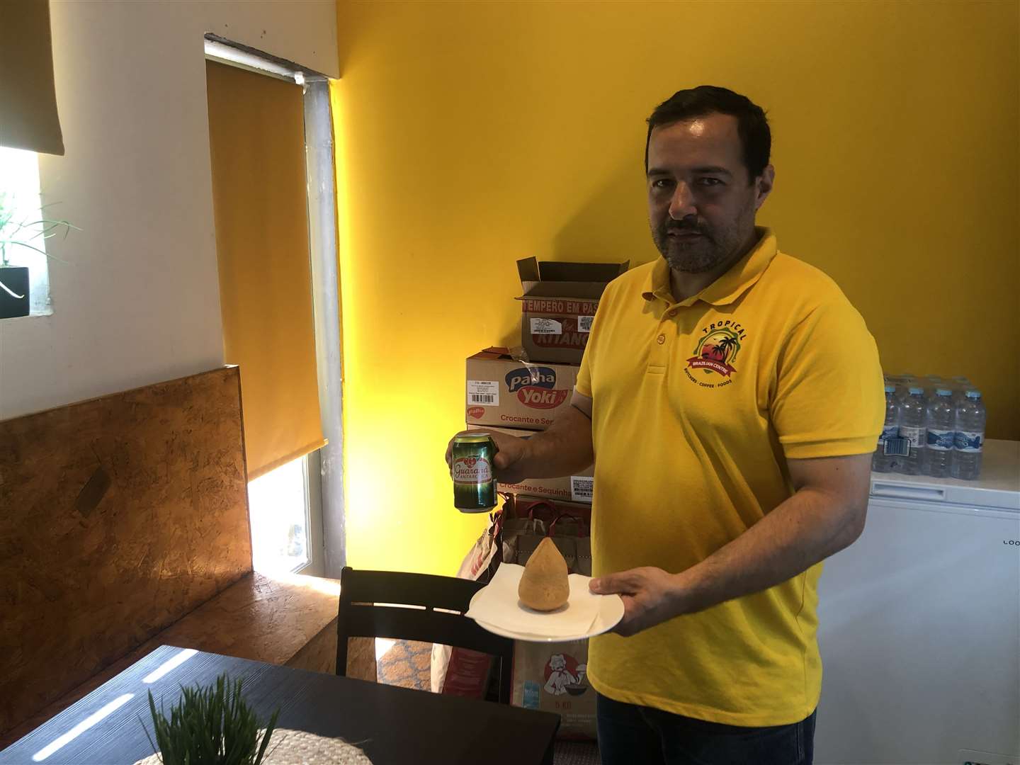 The shop's best-sellers: Guaraná, a traditional Brazilian fizzy drink, and coxinha, a tasty fried chicken dumpling