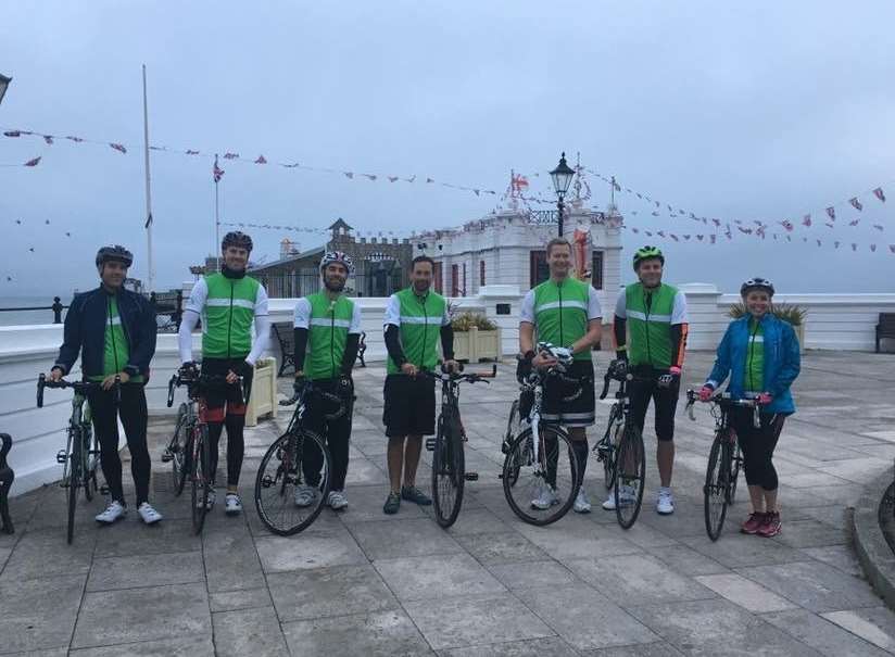 Participants, including Adrian, third from left, in the 100-mile Ride4Remy challenge