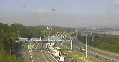 Traffic building on the M20 heading London bound at Junction 5 in Aylesford. Picture: National Highways