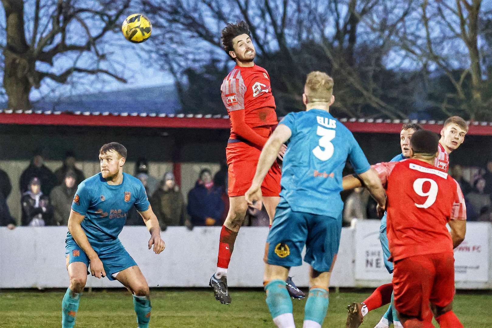 Hythe centre-back Jack Steventon attacks the ball in the Chorley box. Picture: Helen Cooper