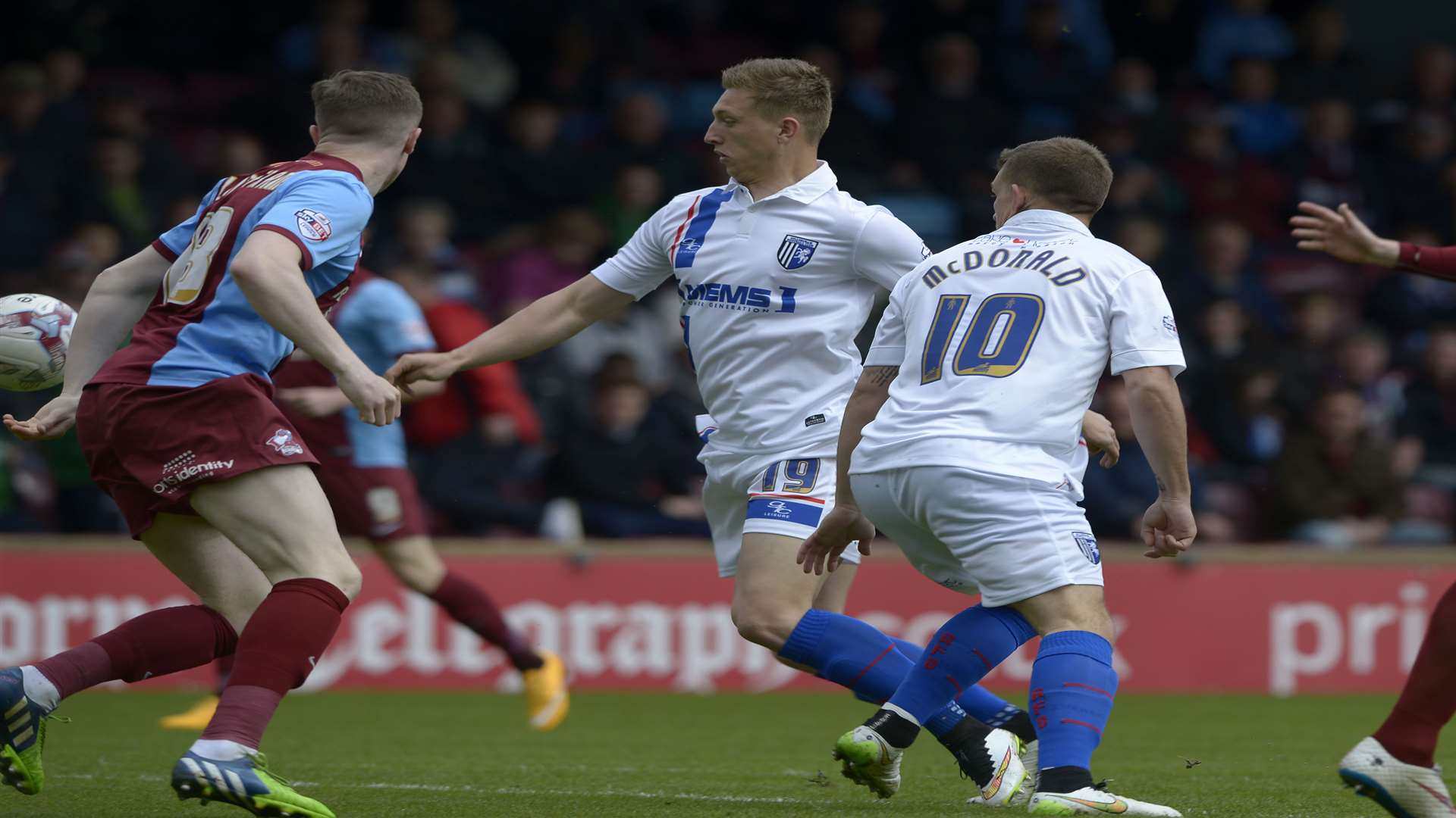 Luke Norris opens the scoring for Gillingham at Scunthorpe Picture: Barry Goodwin