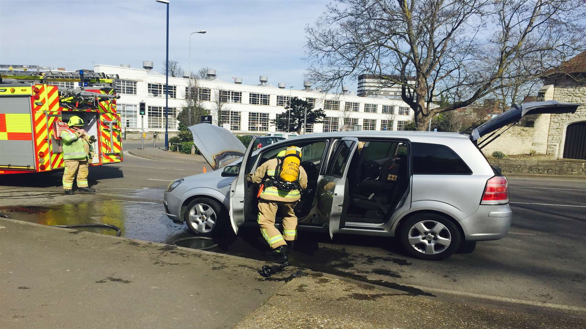 Firefighters extinguish the flames.