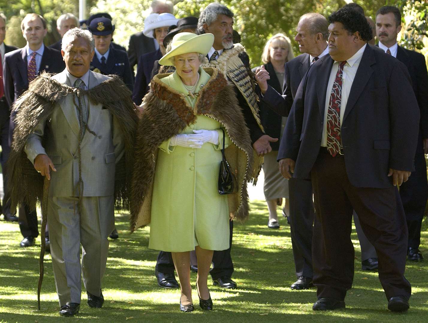 The Queen, wearing her own kiwi feather korowai given to her for her Coronation in 1953, in Christchurch, New Zealand in 2002 (Fiona Hanson/PA)