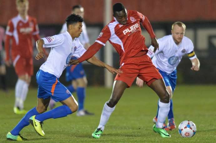 Welling striker Tobi Sho-Silva in action against Braintree. Picture: Keith Gillard