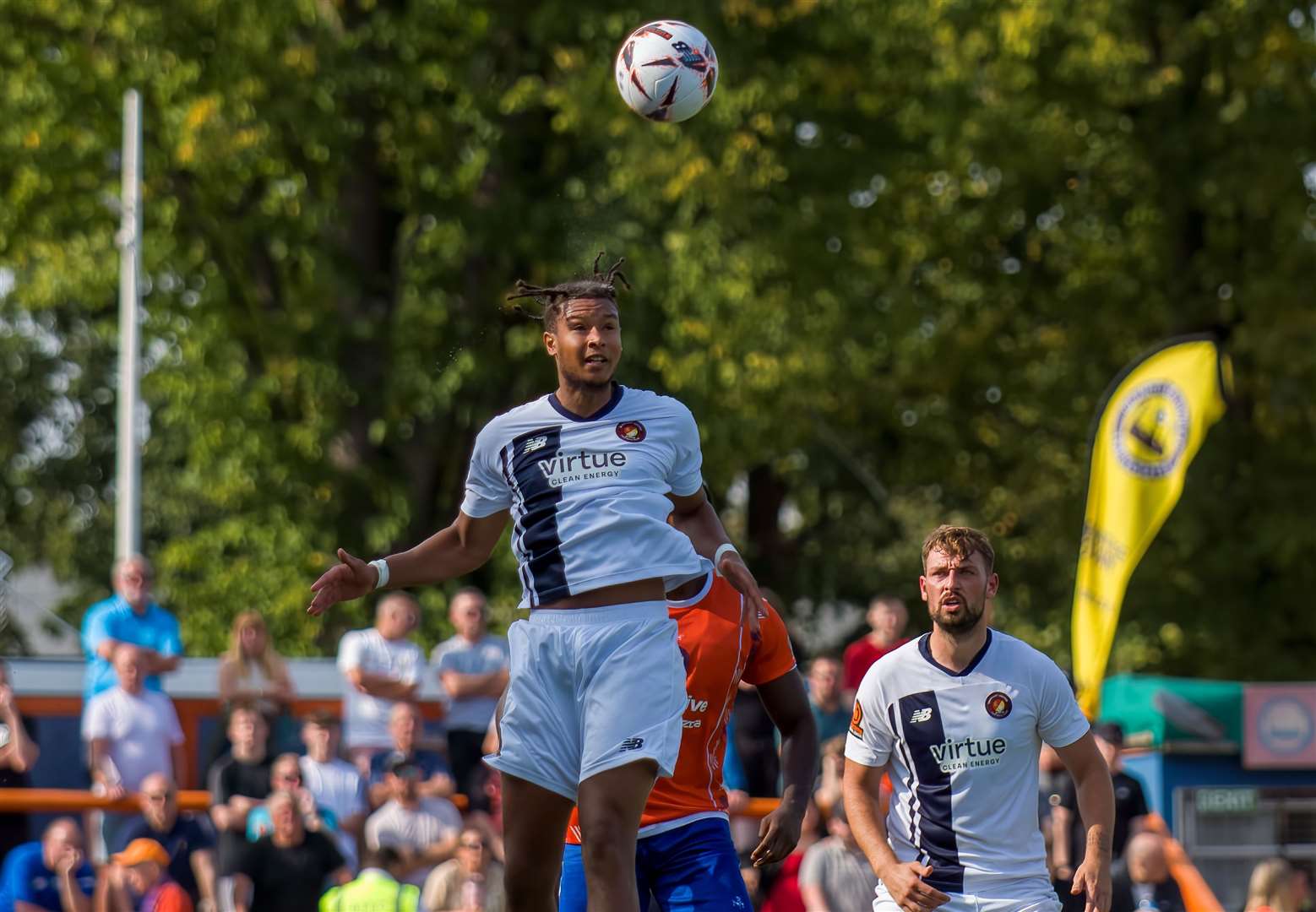 Giles Phillips climbs highest for Ebbsfleet at Braintree on Monday. Picture: Ed Miller/EUFC