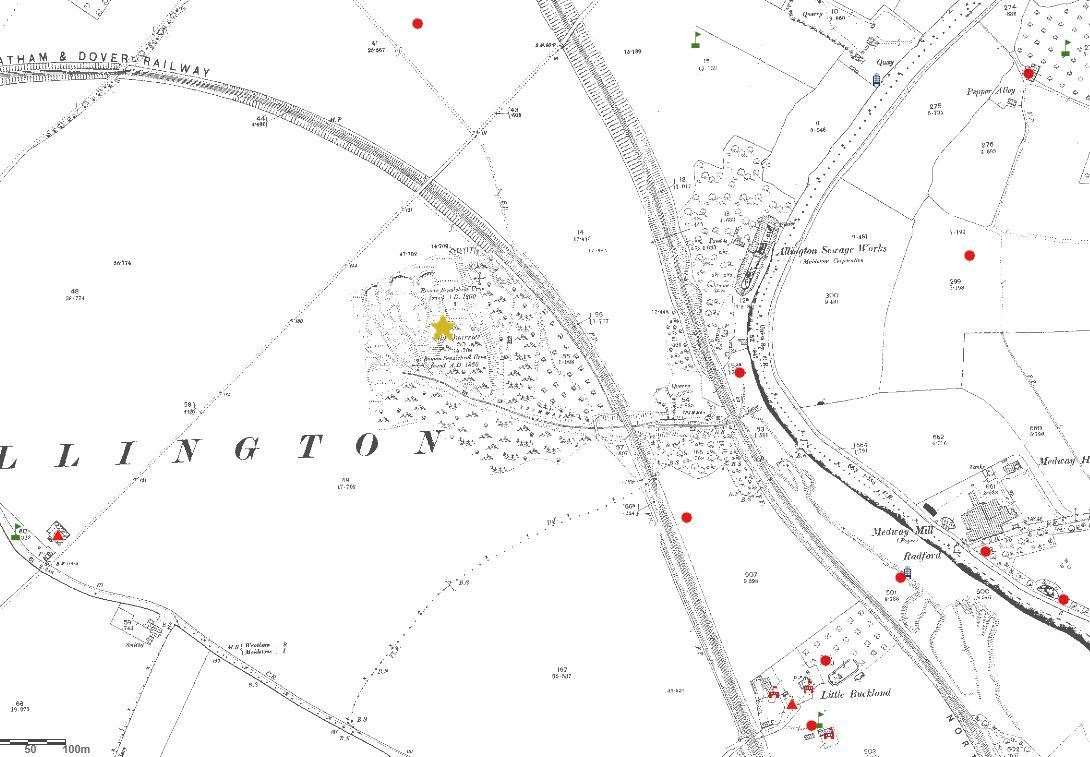 A map from 1897 showing the quarry and the tramway leading down to the River Medway