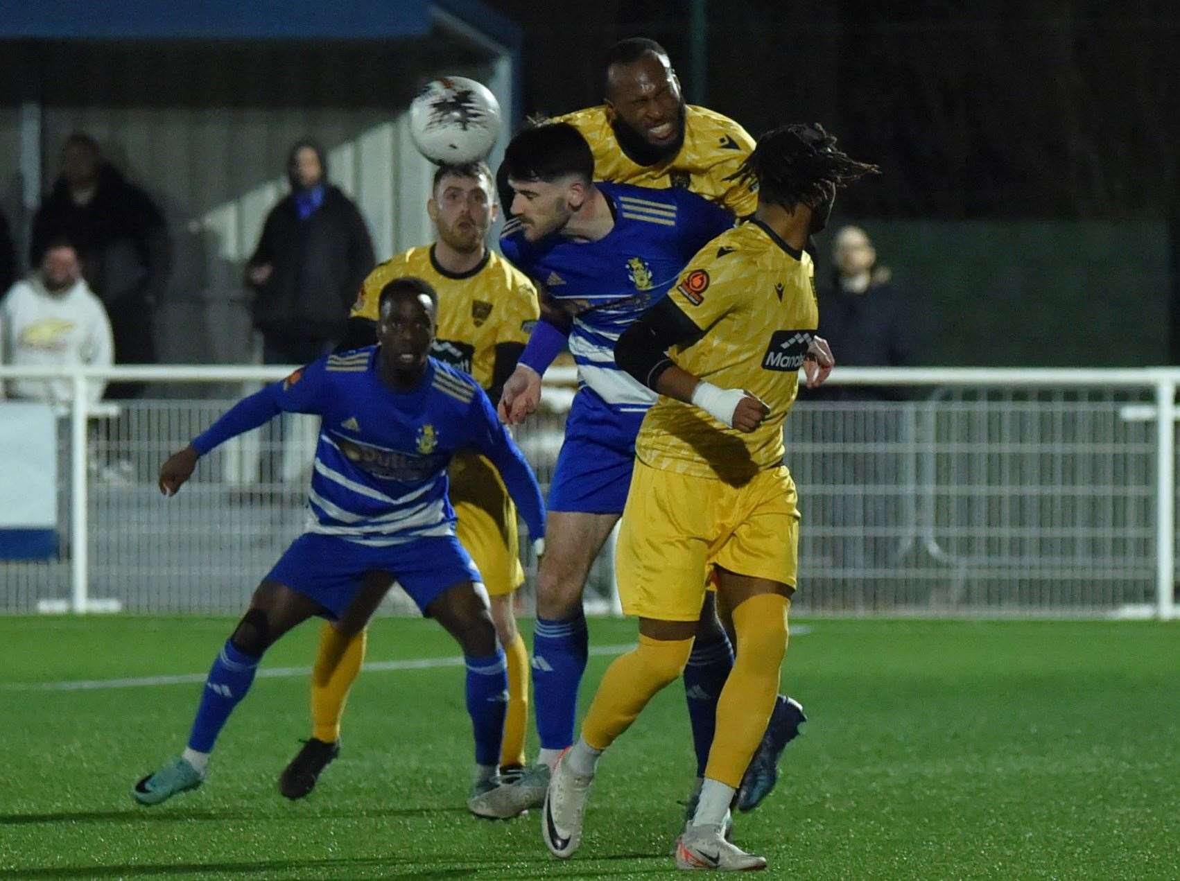 Stones defender Reiss Greenidge contests a header. Picture: Steve Terrell