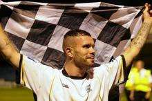 Dover goal scorer Adam Birchall celebrates their 2-0 win over Gillingham