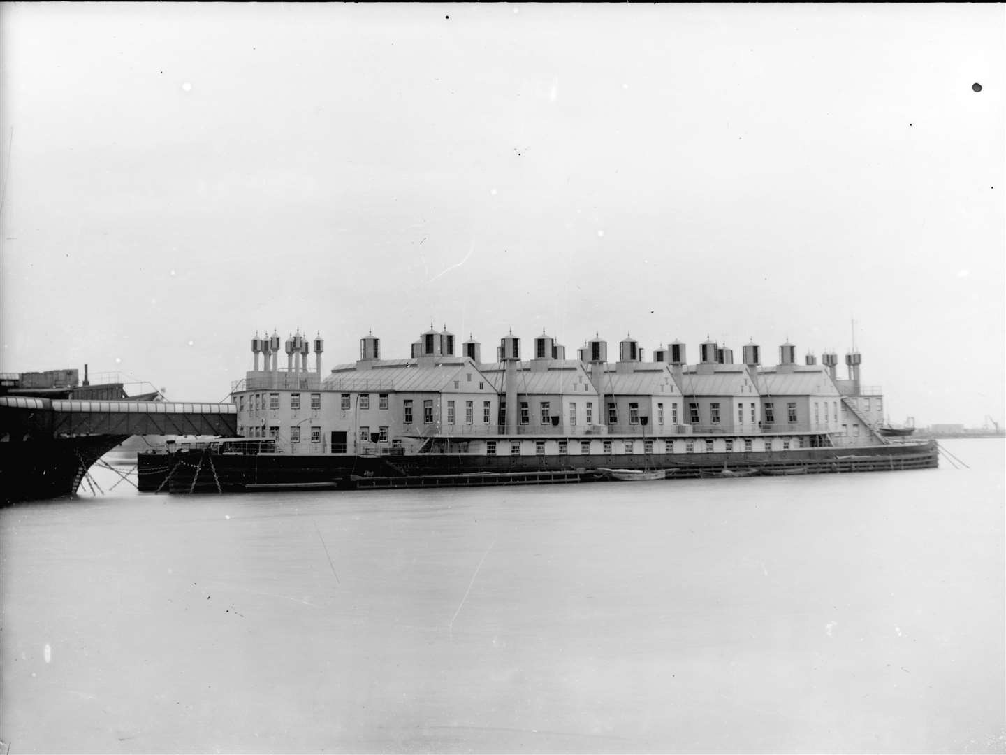 A hospital ship on the River Thames in Dartford