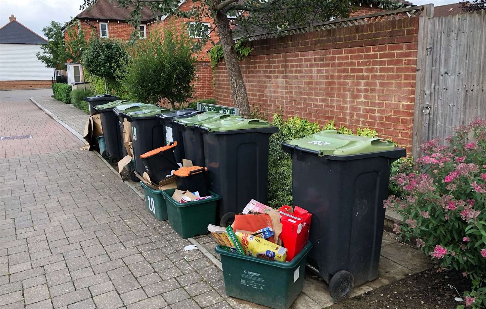 The recycling bins in Porter Avenue were overflowing