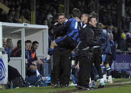 Luke Rooney celebrates with Ian Hendon at Torquay