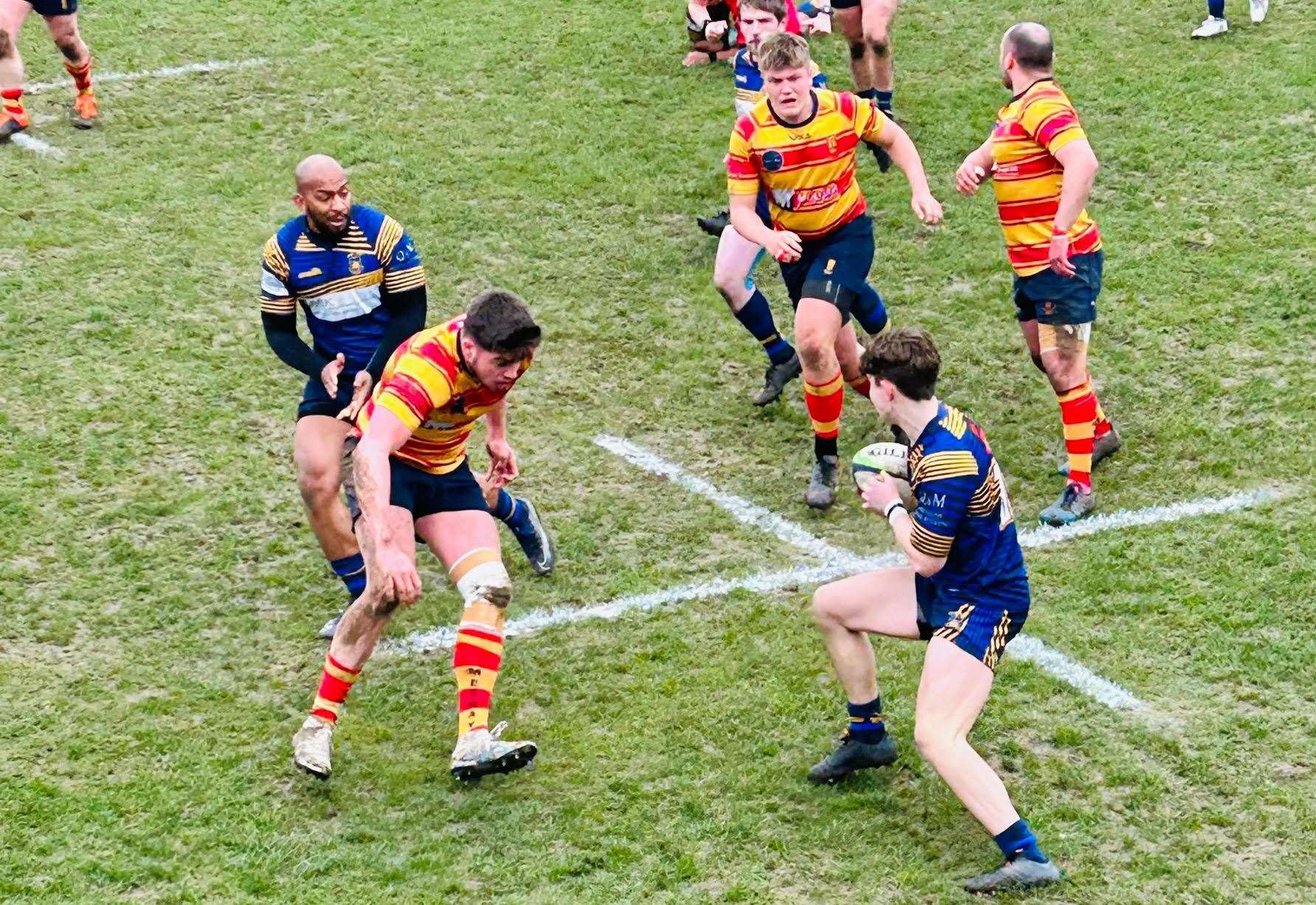 Max Bullock and Josh Knight line up to tackle the ball carrier as Medway play in the Papa John's Bowl Picture: Mark Marriott