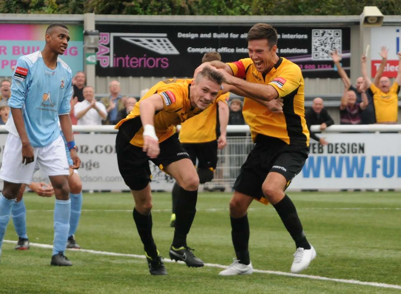 Jack Parkinson celebrates scoring in Maidstone's FA Cup win over Welling Picture: Steve Terrell