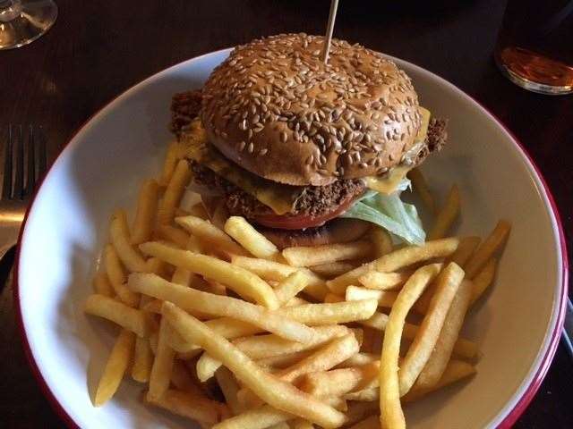 Served in a painted metal dish, this is the barbecue chicken burger – on the day we were in it came with a pint of Pedigree for the princely sum of £9.95