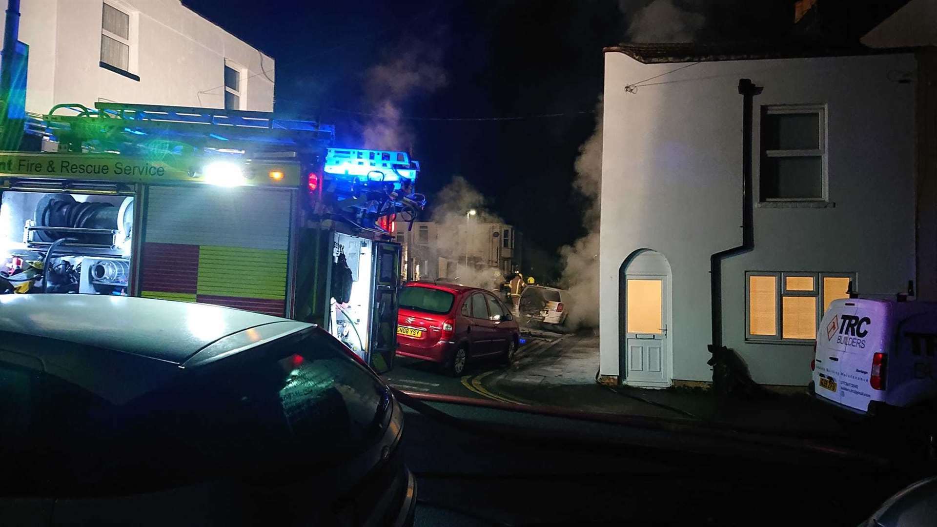 Five cars were alight in Anns Road, Ramsgate, this morning. Picture: Graham Andrews