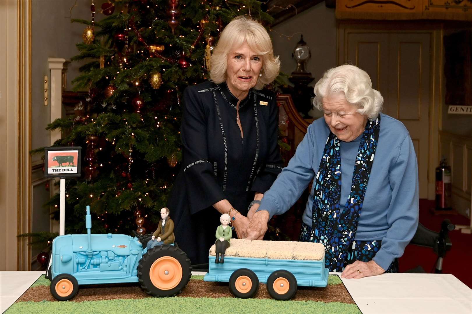 The Queen, then Duchess of Cornwall, with June Spencer cutting an Archers-themed cake during a reception to celebrate the 70th anniversary of the show (Kate Green/PA)