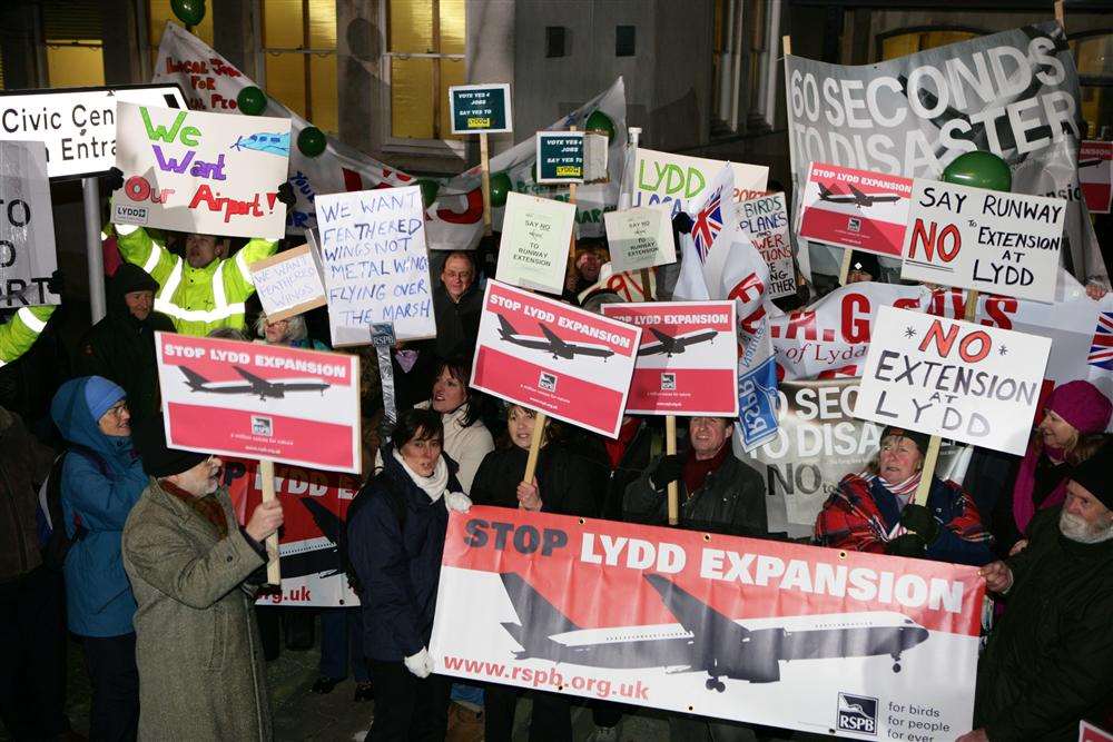 Demonstraters against the expansion of Lydd Airport outside the Civic Centre, Folkestone