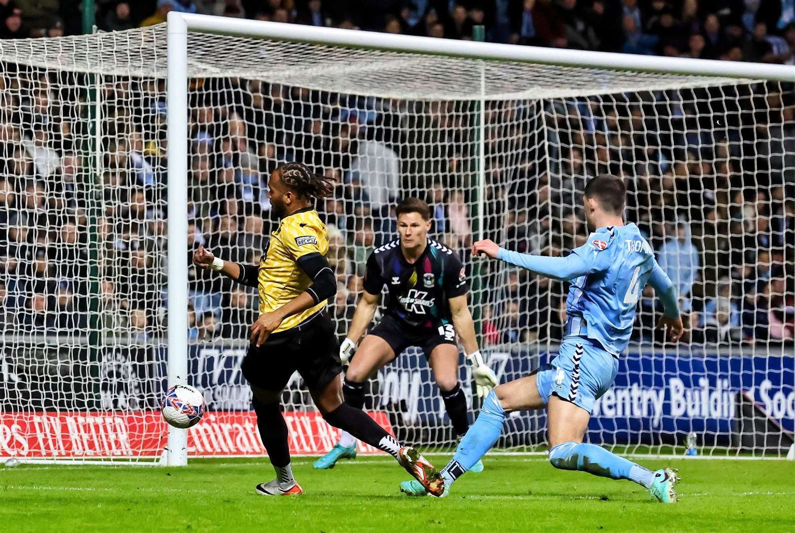 Lamar Reynolds hits the side-netting at Coventry. Picture: Helen Cooper