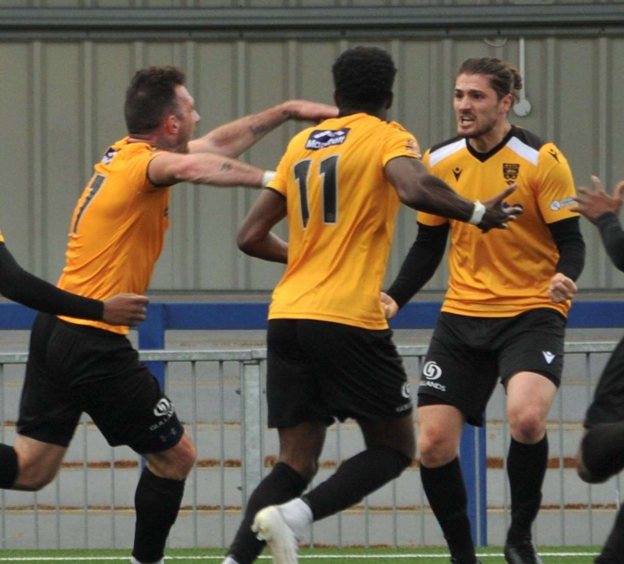 Kreshnic Krasniqi celebrates after his injury-time corner was headed home by Joe Ellul at Havant Picture: Steve Terrell