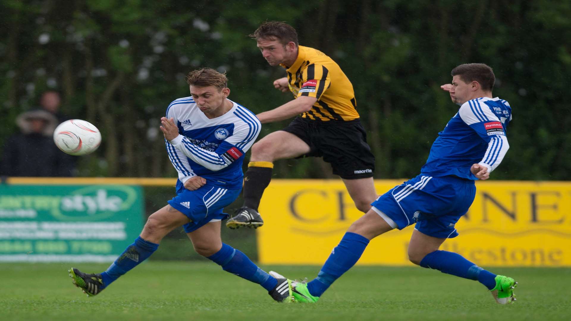 Carl Rook shoots during Folkestone's 3-0 win over Hythe in August Picture: Barry Goodwin