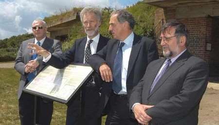 Viewing the port from the Western Heights, left to right, Bob Goldfield, chief executive Port of Dover, Howard Holt, head of corporate affairs, Port of Dover, Dr Kim Howells, and Dover MP Gwyn Prosser. Picture: PAUL AMOS