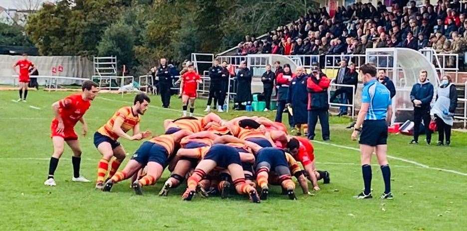 Medway get stuck in against London Welsh. Picture: Paul Wardzynski