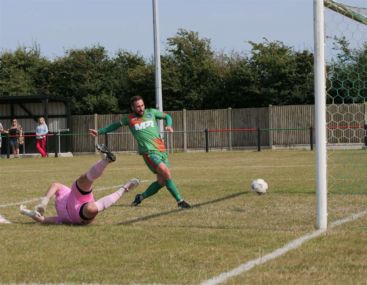 Lydd find the net during their 4-3 defeat against Holmesdale. Picture: John Botten