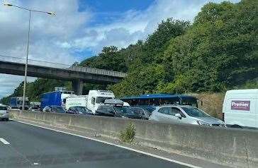 Traffic is queuing back towards the M20 for junction 2 and the Darenth Interchange