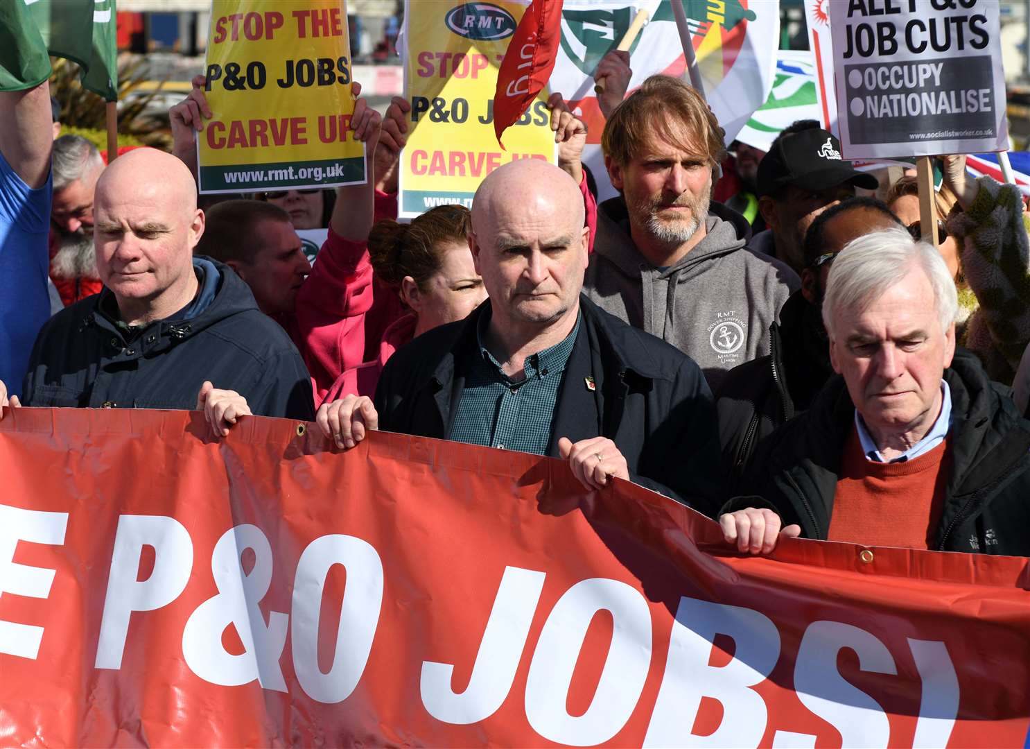 Mick Lynch, centre, marching against the job losses in Dover. Picture: Barry Goodwin