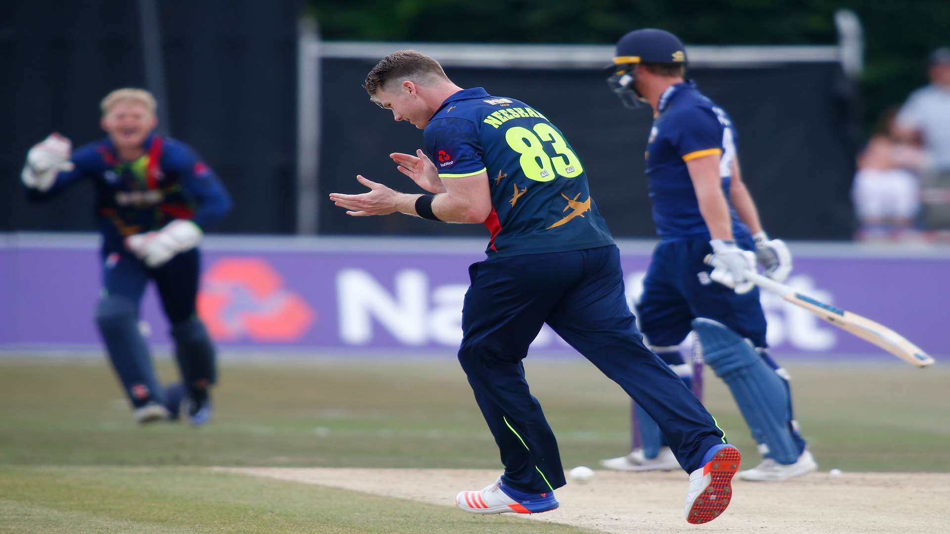 Jimmy Neesham celebrates his first Kent wicket. Picture: Andy Jones