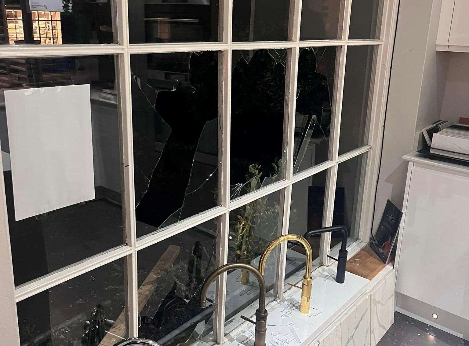 Windows at Kitchens Unlimited in Tenterden were smashed last night. Picture: Steve Baker